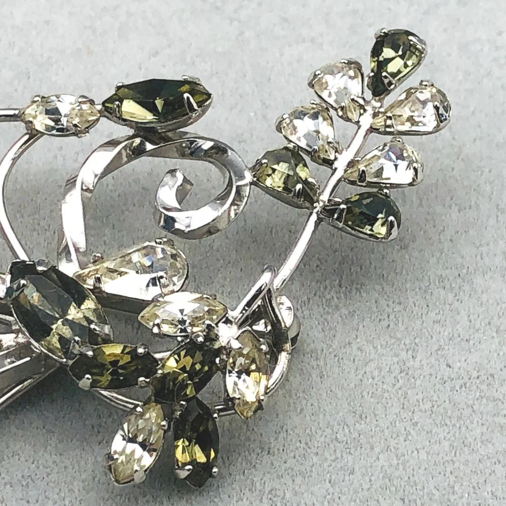 Vintage Sterling Flower Brooch Green Rhinestones Floral Spray‎ Pin Signed ESPO